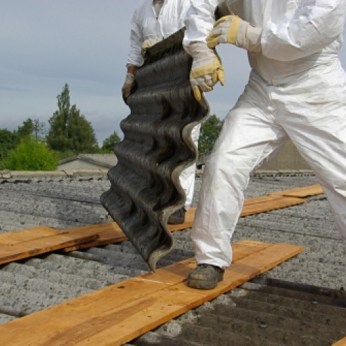 Professionelle haandvaerkere i beskyttelsesdragter fjerner et asbesttag sikkert. Arbejdet udfoeres med forsigtighed for at undgå spredning af asbestfibre.